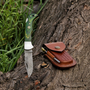 'Abi' Damascus EDC Folding Knife (Green Handle)