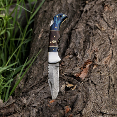'Abi' Damascus EDC Folding Knife (Brown & Blue Handle)