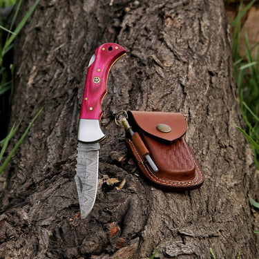 'Abi' Damascus EDC Folding Knife (Pink Handle)