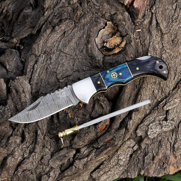 'Abi' Damascus EDC Folding Knife (Blue & Black Handle)