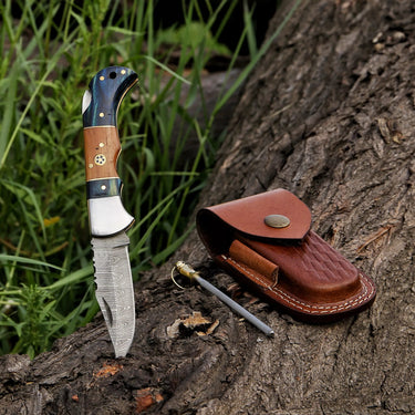 'Abi' Damascus EDC Folding Knife (Light Brown & Blue Handle)