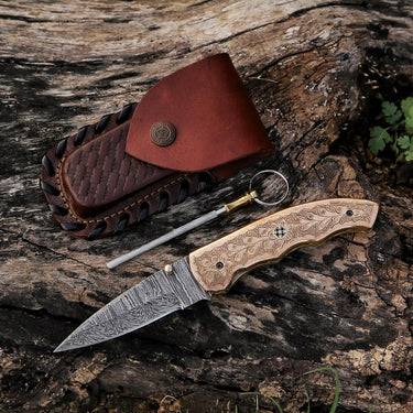'Roshanak' EDC Damascus Folding Knife (Bronze/Brass Handle)