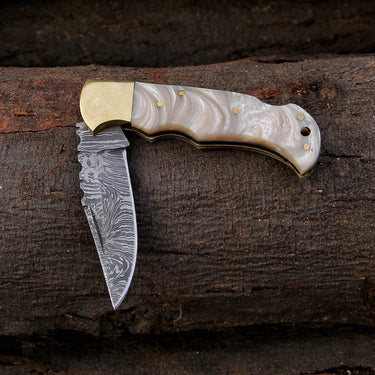 'Abi' Damascus EDC Folding Knife (White Resin Handle)