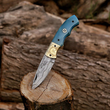 'Norel' Damascus Folding Knife (Blue)